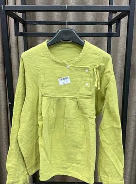 17105新中式复古圆领半开襟纯色棉麻长袖t恤宽松遮肚子小衫上衣女