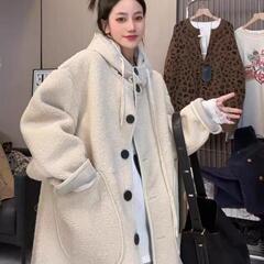 20713欧货加厚慵懒风中长款羊羔毛连帽外套颗粒绒皮毛一体风衣女