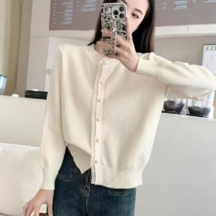 单排扣上衣外套女 小衫 21101小香风法式 百搭针织蕾丝花边圆领开衫