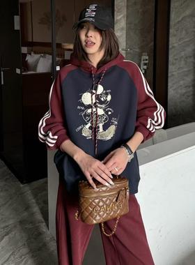 20416美式插肩袖撞色连帽卫衣女卡通印花爆款加绒加厚慵懒风外套