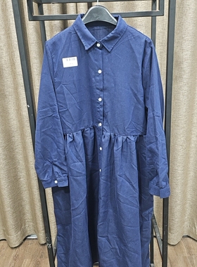 17861瑕疵处理~中长款棉麻长袖连衣裙翻领纯色百搭显瘦压皱长裙女