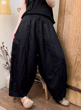 22973新款复古百搭纯色亚麻拼接松紧腰系带哈伦裤减龄洋气老爹裤