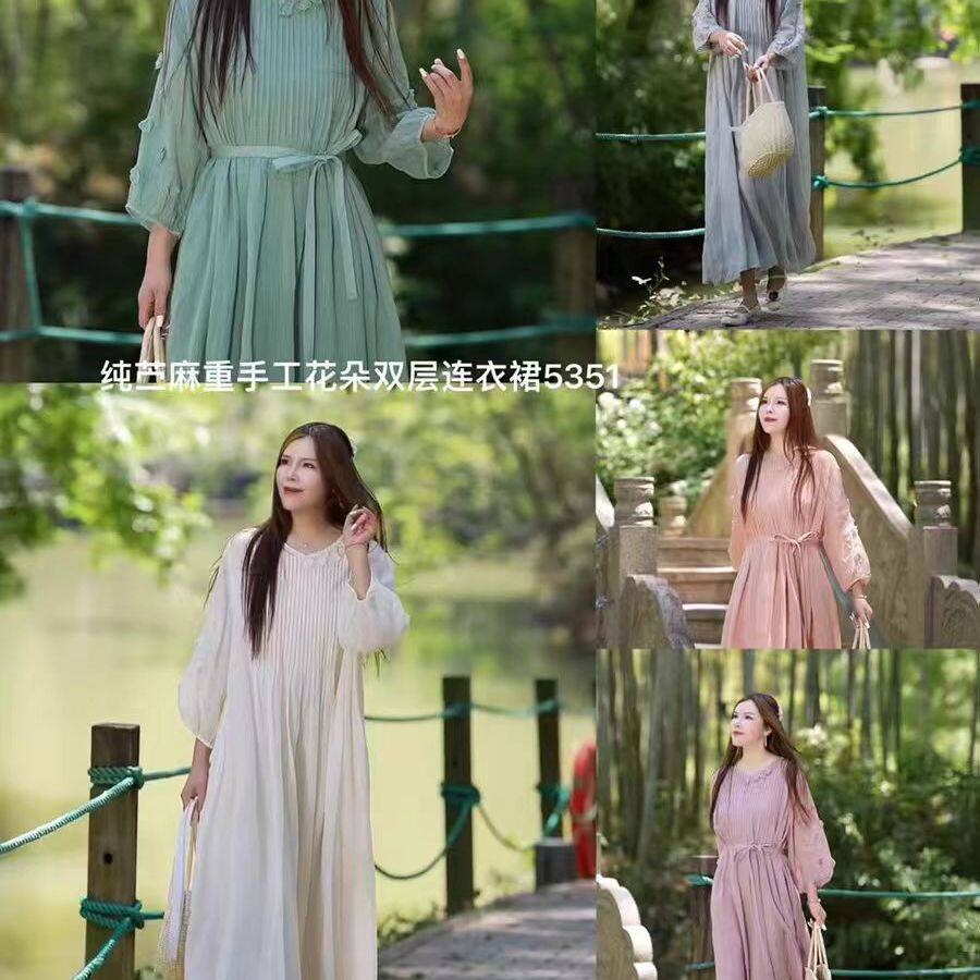 小莲~22557&rdquo;清野绿荷&ldquo;度假风琴压褶V领手工盘朵双层苎麻连衣裙
