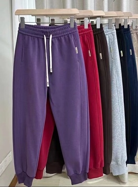 16724糖果色韩版百搭松紧腰抽绳休闲长裤加绒加厚宽松束脚卫裤女