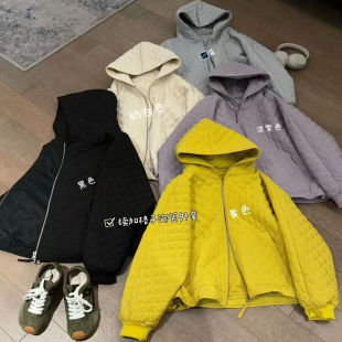 23422欧货大版 纯色百搭菱格衍缝夹棉连帽棉衣宽松百搭保暖外套女