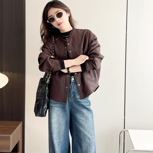 大码宽松显瘦免洗PU皮长袖外套女