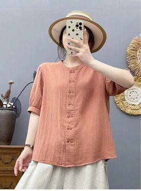 22907双排扣双层棉纱衬衫纯色百搭显瘦简约衬衣减龄上衣休闲气质