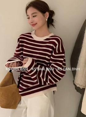 20636浣熊绒圆领拼色条纹长袖韩系慵懒针织衫宽松显瘦百搭毛衣女