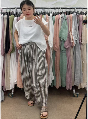 18907松紧腰抽绳系带胖MM大版棉麻哈伦裤宽松显瘦百搭减龄条纹裤