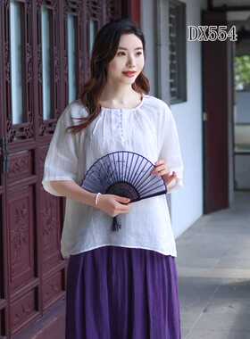 19342时尚洋气圆领手工捏褶半开包扣纯苎麻小衫纯色简约短袖上衣T