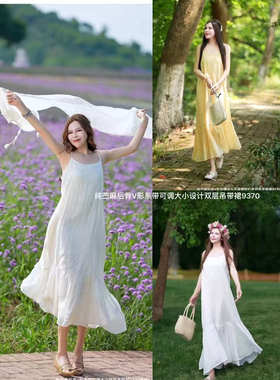 小莲~22718度假后背绑带设计双层100%精细纯苎麻吊带裙白色连衣裙