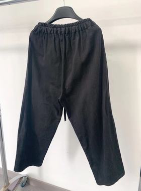 10860复古黑色全棉裤松紧腰系带高腰宽松大码口袋压褶显瘦哈伦裤