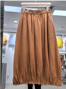 22750纯亚麻花苞松紧腰半身裙小个子随性舒适文艺灯笼裙长款半裙
