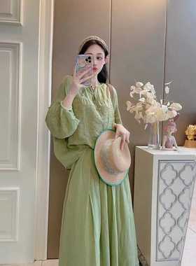 19262~圆领灯笼袖套头上衣罩衫领口系带慵懒百搭重工刺绣苎麻上衣