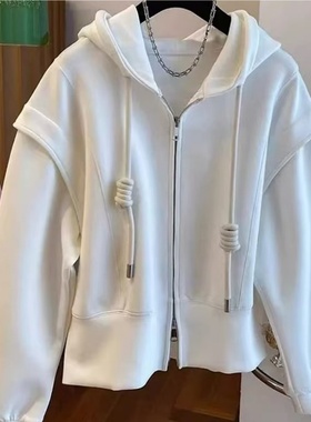 21157设计感宽松休闲弹力棉连帽卫衣小个子双拉链长袖外套上衣女