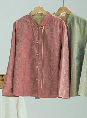 15444国风双穿锦缎腰果花贴花刺绣长袖外套宽松两面穿开衫上衣女
