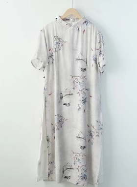 18465新中式改良天丝麻印花旗袍裙宽松双层收腰显瘦连衣裙长裙女