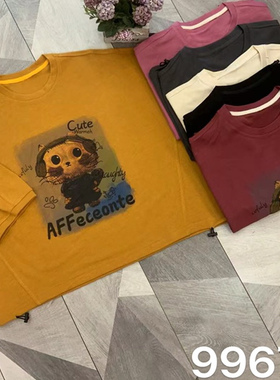 22423下摆抽绳设计卡通印花减龄T恤宽松显瘦圆领休闲百搭洋气上衣