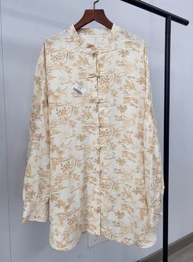 18480中式盘扣亚麻长袖外套国风宽松显瘦衬衣印花唐装中长款衬衫