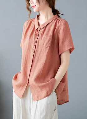 19803瑕疵处理~宽松显瘦苎麻小衫纯色T恤百搭单排扣衬衫简约衬衣