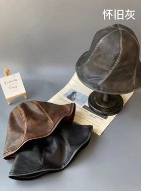 23544软PU皮质显脸小渔夫帽子炒色百搭水桶帽时尚洋气盆帽可折叠