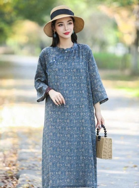 14083中国风苎麻中长衫改良旗袍裙连衣裙立领斜门襟内包边长裙女
