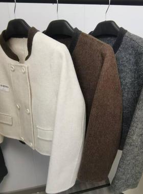 20893小香风撞色减龄小个子双面羊绒大衣圆领短款百搭毛呢外套女