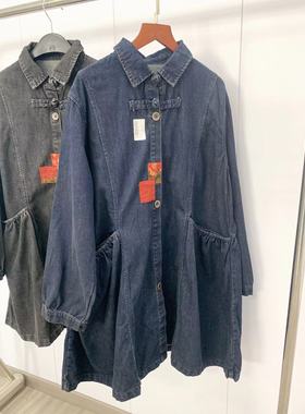 18085砂洗炒色全棉牛仔衬衫裙外套盘扣单排扣老布贴布宽松外套女