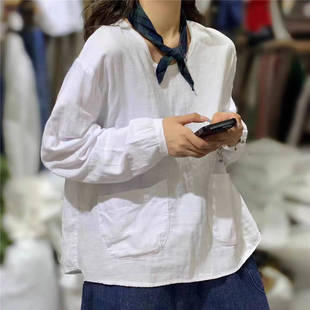 23101纯色文艺休闲双层纱棉圆领长袖 卫衣T恤 衬衣套头百搭宽松大版