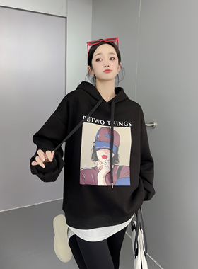 15229慵懒风加绒加厚全棉卫衣女孩印花连帽长袖韩版宽松套头上衣