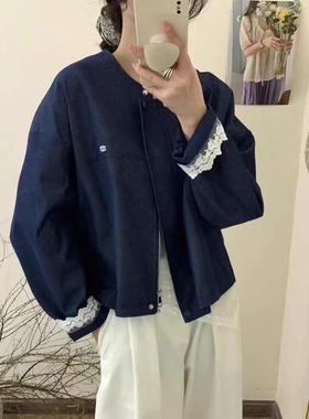 21187设计感圆领单排扣蕾丝拼接短外套小个子显瘦夹克休闲上衣女