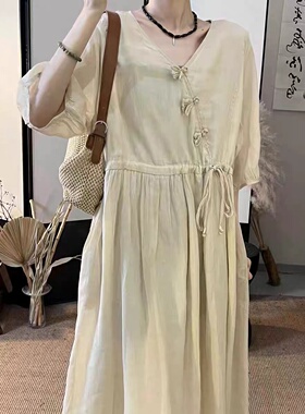 19412小莲~玉石扣手工盘花收腰系带双层苎麻连衣裙宽松显瘦长裙女