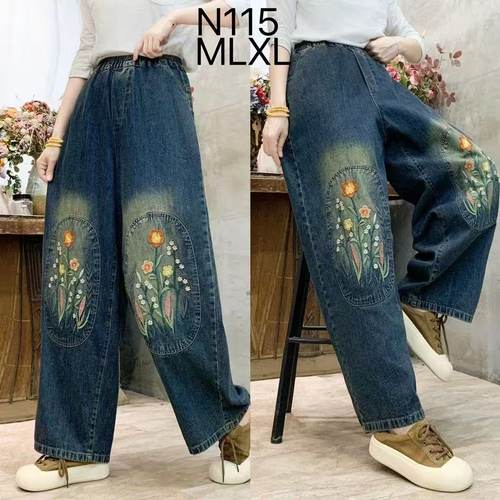 复古做旧重工刺绣松紧腰牛仔裤女