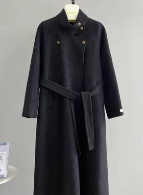 20656蓝屿海湾羊毛长款手工双面羊绒妮子外套高级感立领系带收腰