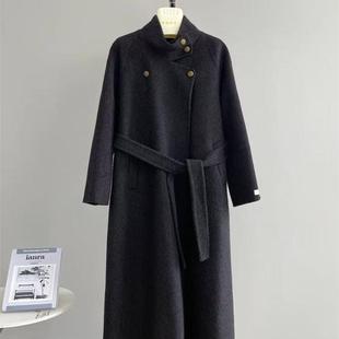 20656蓝屿海湾羊毛长款手工双面羊绒妮子外套高级感立领系带收腰