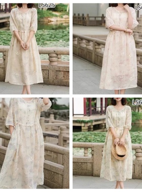 雷氏~22894蕾丝圆领暗纹提花双层苎麻连衣裙收腰显瘦百搭刺绣长裙