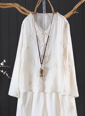 小莲~22533新中式盘扣刺绣苎麻小衫显瘦百搭禅意茶服国风绣花上衣