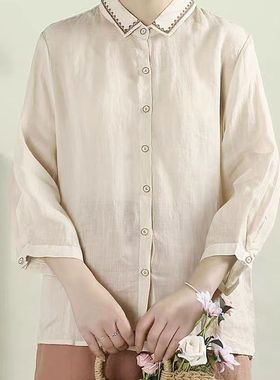 小莲~22440领口明线设计宽松显瘦苎麻衬衫简约百搭单排扣衬衣上衣