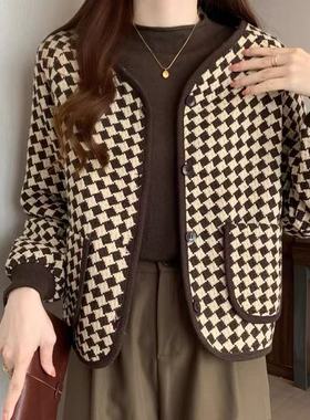 23261小香风编制千鸟格毛呢小外套小个子短款百搭休闲上衣夹克衫