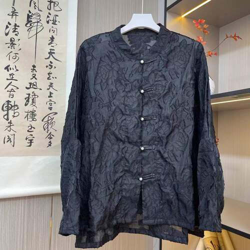 18578国风中式上衣流苏盘扣烧花植绒刺绣长袖衬衫宽松外套开衫女