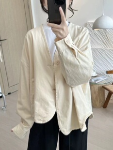 18134欧货设计感不规则长袖外套纱卡全棉内包边宽松显瘦开衫衬衫