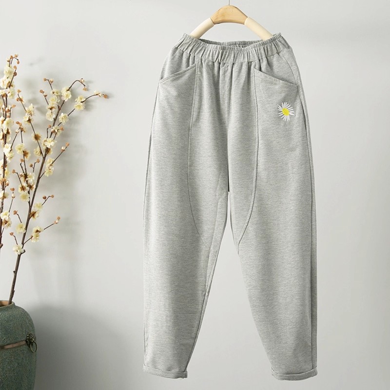 休闲裤松紧小花刺绣哈伦裤卫裤女