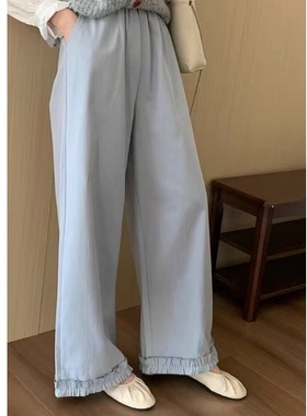 21156韩系宽松显瘦水洗棉甜美花边阔腿裤木耳边拼接休闲裤直筒裤