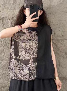 22628设计感一粒盘扣复古民族风苎麻小衫印花显瘦百搭无袖上衣女