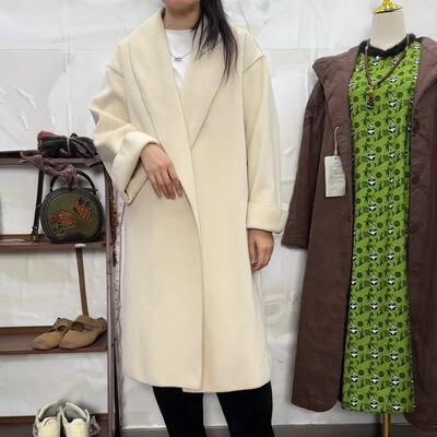 赫本风简约中长款双面羊绒大衣女