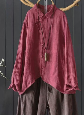 小莲~21138设计感砂洗炒色复古文艺亚麻肌理感长袖衬衫百搭衬衣女