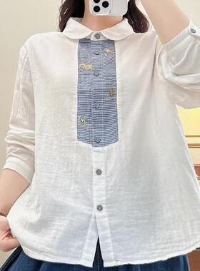 20826柔软亲肤娃娃领减龄双层棉纱长袖衬衫日系刺绣单排扣衬衣女