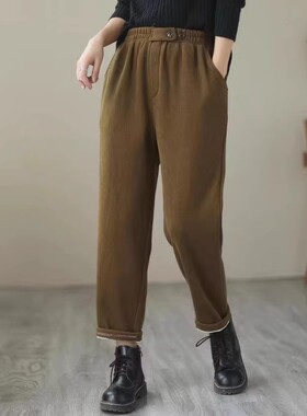 16198雪尼尔加绒加厚小脚哈伦裤松紧腰高腰休闲显瘦针织长裤子女