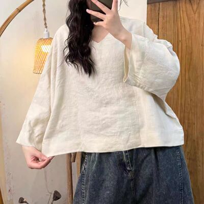 净版V领蝙蝠小个子亚麻短款上衣