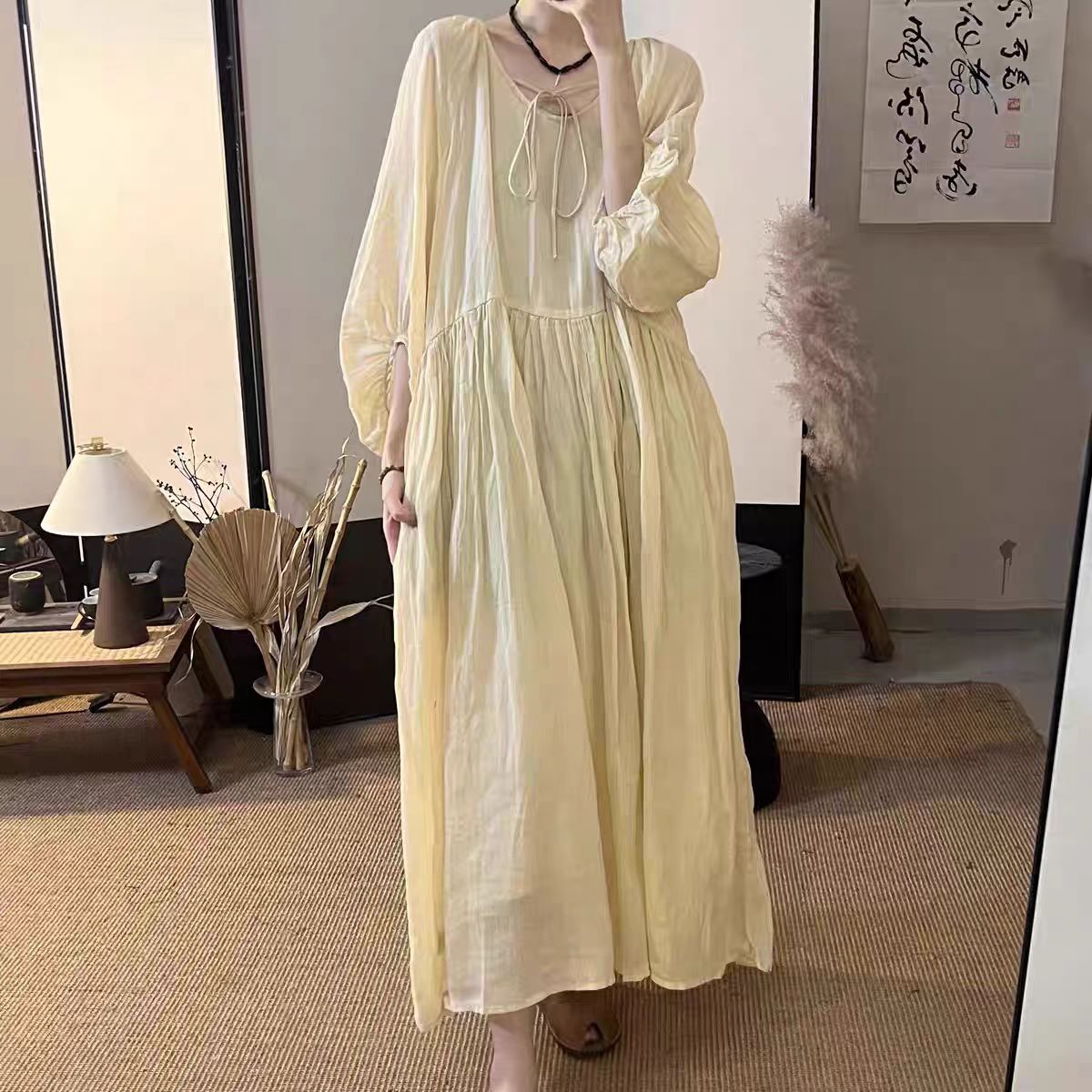 22387小莲~心型领系带灯笼袖双层苎麻连衣裙净版法式温柔风长裙